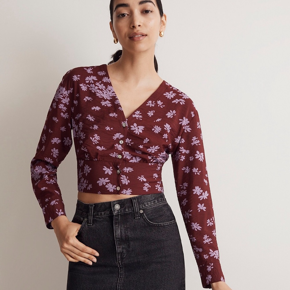 New Madewell Maroon and Purple Floral Patterned Button Down Crop Shirt